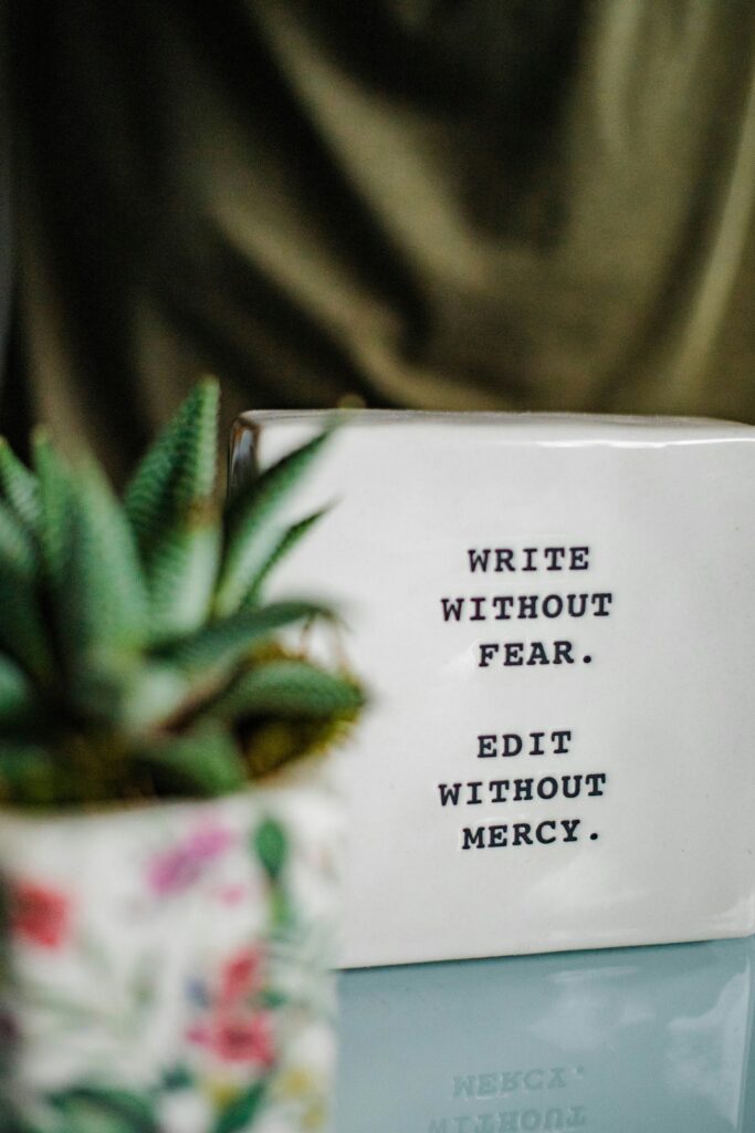 Image with the mantra "Write without fear. Edit without Mercy."